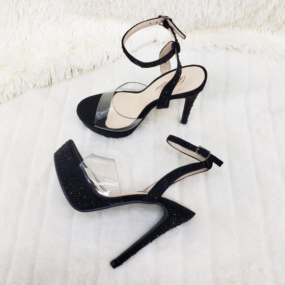 Black rhinestone high heel shoes clear toe strap - Picture 3 of 12
